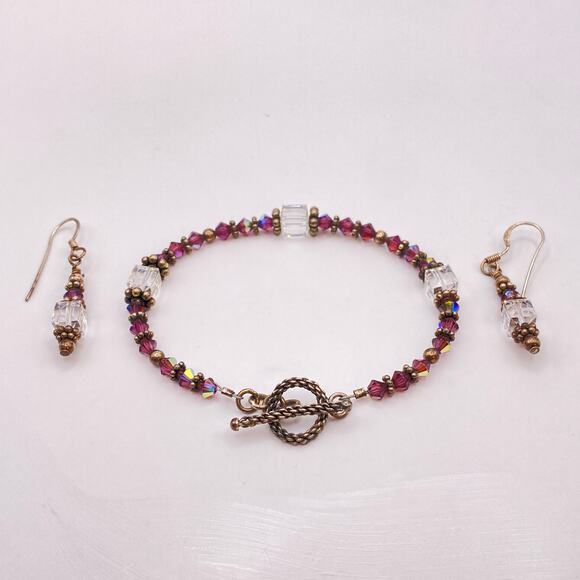 Vintage AB Faceted Crystal Bead Earrings Bracelet Sterling Silver Toggle - Picture 3 of 11